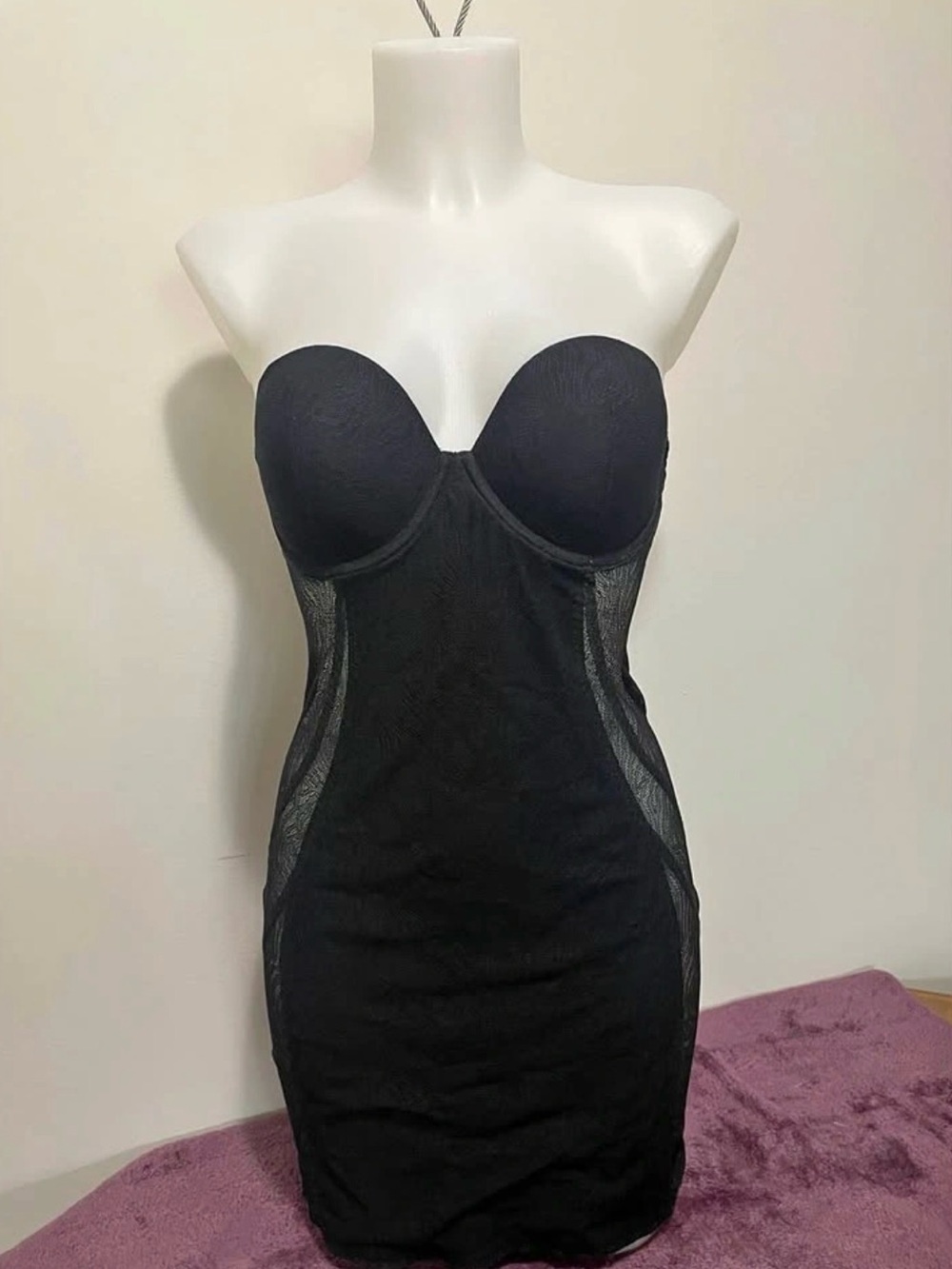 Black Cupped Shapewear Slip Dress Underwire Firm Tummy Control Mesh Panel